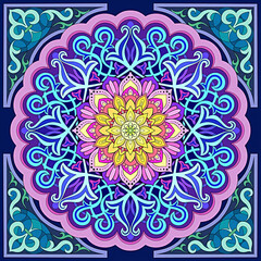 mandala with a floral pattern with a mix of colors, yellow, pink, blue and purple 