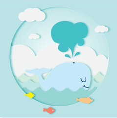 Cute whale swimming and splashing in the sea waves with fishes, white clouds in paper cut style.