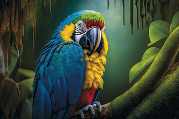 Macaw parrot sits on a branch. Generative AI.