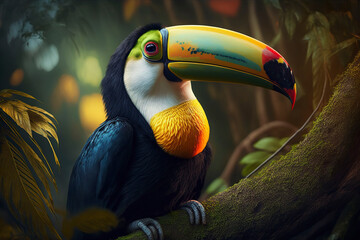 Fototapeta premium The toucan sits on a branch. Generative AI.