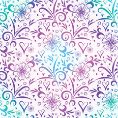 Vector seamless gradient valentine floral pattern with vintage curls and flowers