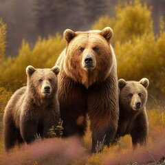 Female bear and her two cubs in the meadow. Generative AI image