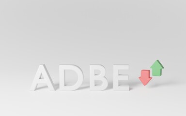 3d render Adobe Inc. of the stock market in white latters with green and red arrow isolated on white background. ADBE stock market index trading.