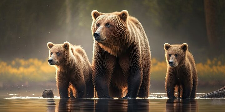 Female bear and her two cubs at the river. Generative AI image