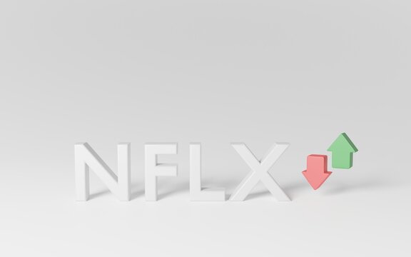 3d render Netflix, Inc. of the stock market in white latters with green and red arrow isolated on white background. NFLX stock market index trading.
