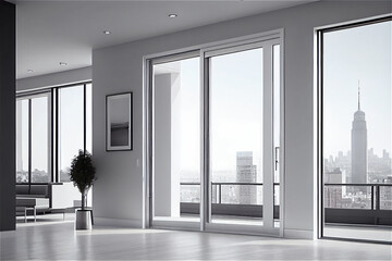Modern apartment with minimalist design with glass sliding doors with a magnificent view to a cityscape, generative AI