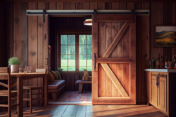 Wooden cabin interior all made in timber with a cozy atmosphere, generative AI