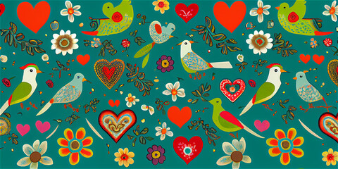 Folk naif pattern ideal for Valentines with birds, hearts and flowers, generative AI