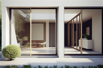 Beautiful house with a minimal sleek design with sliding glass doors showing an elegant interior, generative AI