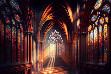 Magnificent cathedral interior with light filtering through the stained glass, generative AI
