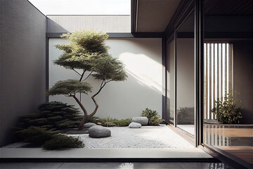 Modern house with minimal design and sliding glass door leading to a zen garden, generative AI