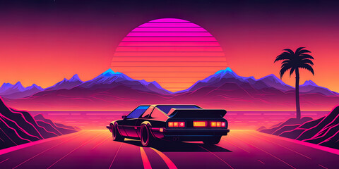 Obraz na płótnie Canvas Retro futuristic back side view 80s supercar on trendy synthwave, vaporwave, cyberpunk sunset background. Back to 80's concept.