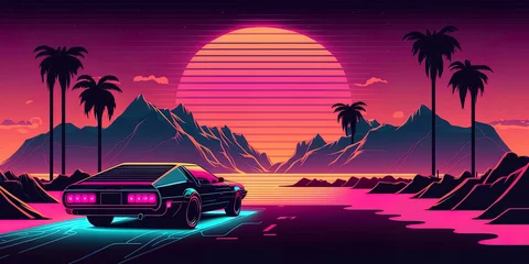 Foto op Canvas Retro futuristic back side view 80s supercar on trendy synthwave, vaporwave, cyberpunk sunset background. Back to 80's concept. © Fernando