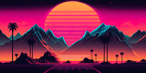 trendy synthwave, vaporwave, cyberpunk sunset background. Back to 80's concept.