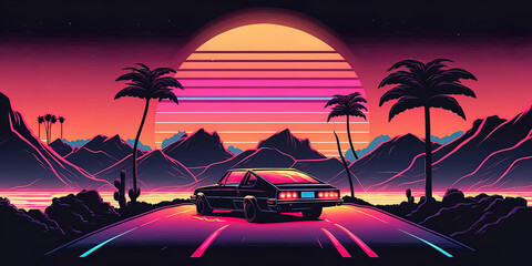 trendy synthwave, vaporwave, cyberpunk sunset background. Back to 80's concept. AI-Generated