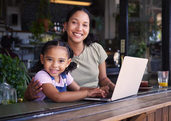 Portrait, black family in cafe and laptop for communication, weekend break and connection. Love, mother and daughter in coffee shop, search internet or website for online reading and bonding together
