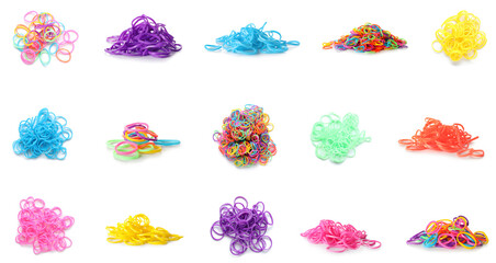 Collage of colorful rubber bands on white background