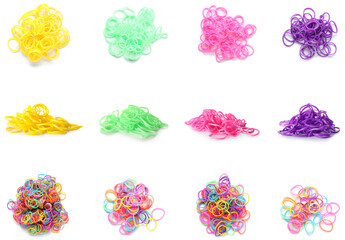 Collage of colorful rubber bands on white background