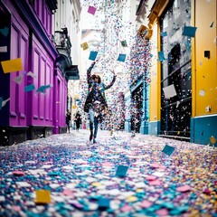 multicolored confetti on the street, generated in AI