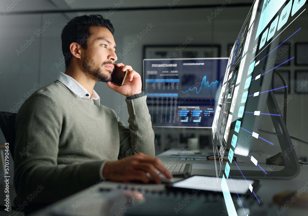 Poster Dashboard, stock market hologram or man on a phone call talking about trading data or investment stocks. Future overlay or trader on digital ui or ux on fintech software for financial growth at night