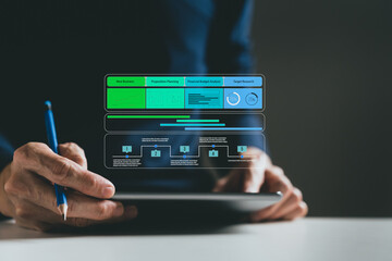 Businessperson planning or analysis on business strategy solution or financial investment or working with data and information for new business or project. Success marketing and management idea