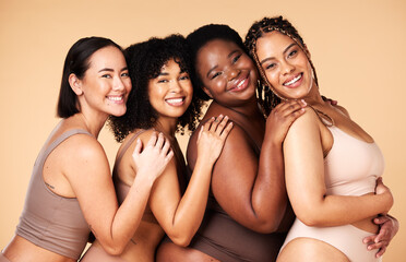 Skin care, portrait and diversity women group together for inclusion, natural beauty and power. Happy plus size model friends on beige background for support, makeup glow and underwear body self love
