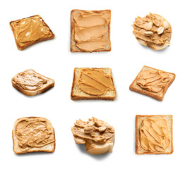 Collage of bread slices with tasty peanut butter on white background