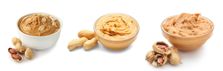 Collage of tasty peanut butter in bowls on white background