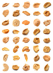 Fototapeta na wymiar Collage of tasty peanut butter samples on white background