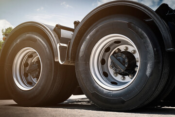Big Semi Truck Wheels Tires. Rubber, Tyres. Tractor Truck. Freight Trucks Logistics Transport. Auto Service 