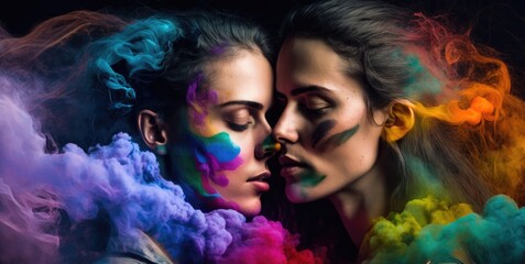 attractive young lesbians embracing amidst colorful smoke. Generative AI