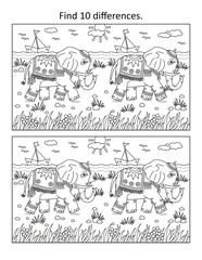 Difference game with two elephants walking along the seashore. Black and white.
