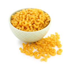 Bowl of uncooked elbow pasta on white background