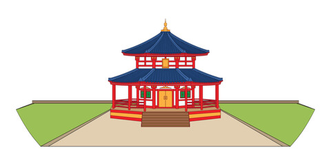 Red Chinese or Japanese octagonal hall or pavilion or  building with landscape drawing in cartoon vector