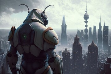 Naklejka premium A Brave Alien Takes on the World in a Giant Robotic Suit