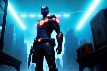Naklejka premium Sci-Fi Law Enforcement Police Super Hero Background, Tall City Buildings Lights in the Sky Generative AI Illustration