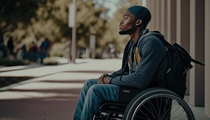 Obraz premium Celebrating Ability, Inclusion, and Diversity: The Power of a Barrier-Free Wheelchair for Independent Living and Empowerment for a Black (African American) Man At a university campus (generative AI)