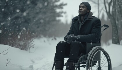 Fototapeta na wymiar Celebrating Ability, Inclusion, and Diversity: The Power of a Barrier-Free Wheelchair for Independent Living and Empowerment for a Black (African American) Man In a winter wonderland (generative AI)