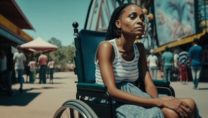 Obraz na płótnie Canvas Celebrating Ability, Inclusion, and Diversity: The Power of a Barrier-Free Wheelchair for Independent Living and Empowerment for a Black (African American) Woman At a theme park (generative AI)