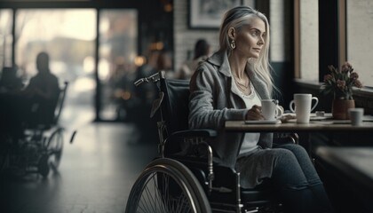 Obraz na płótnie Canvas Celebrating Ability, Inclusion, and Diversity: The Power of a Barrier-Free Wheelchair for Independent Living and Empowerment for a White (Caucasian) Woman At a cafe (generative AI)