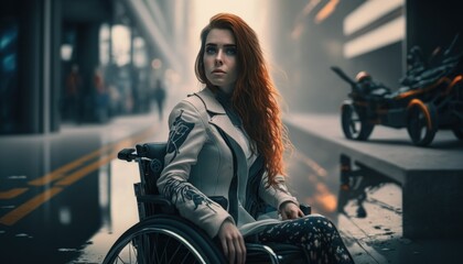 Fototapeta na wymiar Celebrating Ability, Inclusion, and Diversity: The Power of a Barrier-Free Wheelchair for Independent Living and Empowerment for a White (Caucasian) Woman In a futuristic city (generative AI)