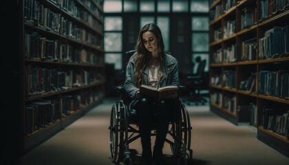 Celebrating Ability, Inclusion, and Diversity: The Power of a Barrier-Free Wheelchair for Independent Living and Empowerment for a White (Caucasian) Woman In a library (generative AI)