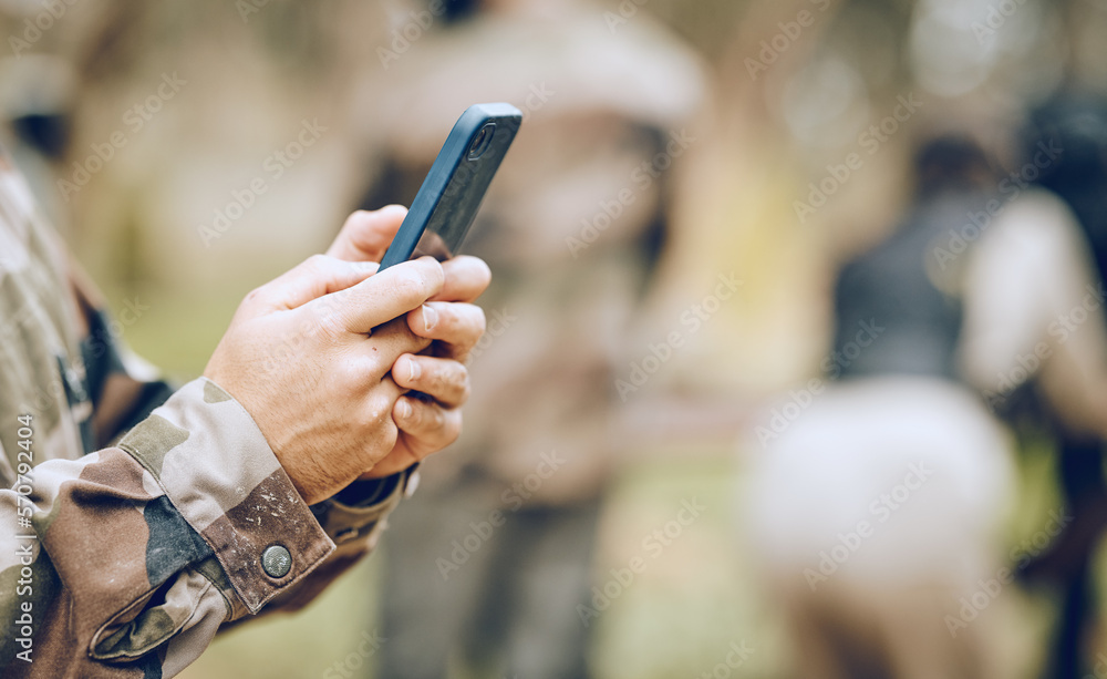 Aufkleber Soldier, hands and phone texting in communication for social media, networking or conversation at war. Hand of person holding mobile smartphone on app in the army for discussion, chatting or contact