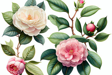 Camellia Flowers, Illustation, Generative AI - obrazy, fototapety, plakaty