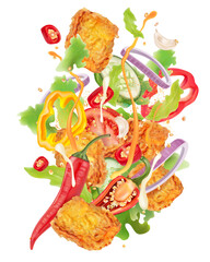 Spicy fried chicken nuggets with vegetables ingredients splashing on white background. Food concepts. Vector in 3D illustration.