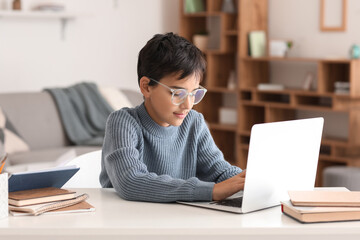 Little boy in eyeglasses using laptop at home © Pixel-Shot