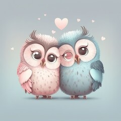 Obraz premium Illustration of a Cute Pair of (Two) Affectionate Owls in an Embrace, Valentine's Day Card or Greeting, Made in Part with Generative AI 