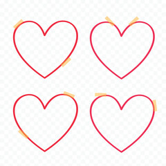 Set of hearts with beige sticky tape. Mockup for your design. Empty white frames in the shape of hearts. Blank template isolated on a transparent background. Photo card collage.