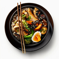 A bowl of chinese food in white background Created using Generative AI