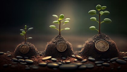 Planting the seeds of success, the journey of business growth, money growth, saving and investing concept, personal finance background, conceptual imagery of financial concepts. Generative AI - obrazy, fototapety, plakaty